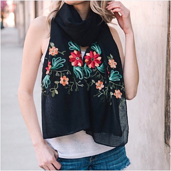 Accessories - Boho Chic Lightweight Embroidered Floral Scarf NEW